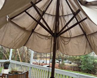 R58 - $450. Crate & Barrel Alfresco Patio Table with 5 Chairs and Bench. Includes Proshade 3 Tier Patio Umbrella with stand. Measures 79" long x 35.5" wide x 29.5" tall. The hole was made a bit bigger for the new umbrella by the owners. See photo.