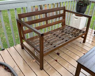 R57 - $125. Safavieh Patio Set. Bench, 2 Chairs & Coffee Table. We do have the cushions they were just being stored to keep dry for you! Good condition with lots of life left.