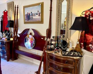 Queen Rice Bed, marble top nightstands and dresser with mirror.