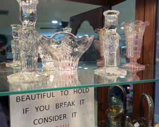 Curio Cabinet Filled with Fenton Carnival Glass Assorted Styles and Colors, Crystal Pitchers