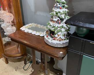 Vintage Eastlake Rectangular Table, Ceramic Christmas Tree with Train