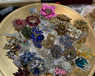 Assorted Broaches on Gold Tone Charger Plates