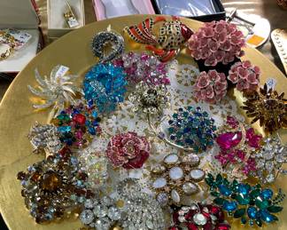Assorted Broaches on Gold Tone Charger Plates