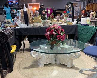 Coffee Table with White Elephants Heavy Glass