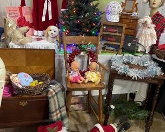Assorted Christmas Decor', Vintage Dolly High Chair, Lil Girls Christmas Dress, Childs Chest