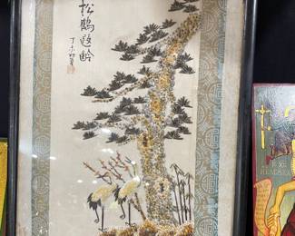 Hand Crafted on Silk Asian Scene Depicted with Miniature Seashells