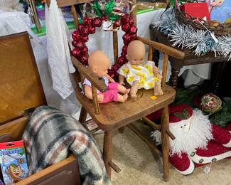 Assorted Christmas Decor', Vintage Dolly High Chair, Lil Girls Christmas Dress, Childs Chest