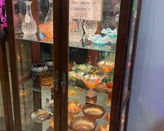 Curio Cabinet Filled with Fenton Carnival Glass Assorted Styles and Colors, Crystal Pitchers