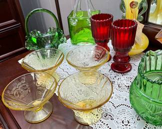 Murano Glass Vase, Dessert Cups, Fenton Peacock Basket, Fenton Candy Dish