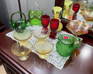 Murano Glass Vase, Dessert Cups, Fenton Peacock Basket, Fenton Candy Dish