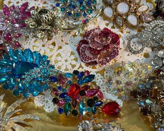 Assorted Broaches on Gold Tone Charger Plates