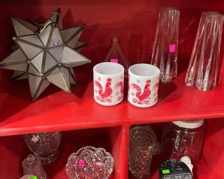 Vintage Rooster Coffee Cups, Crystal Candle Holders, Hanging Star Candle Holder