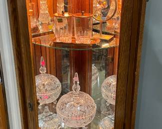 Quarter Corner Curio Cabinet Filled with Crystal Candy Dishes, Crystal Vases