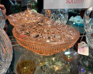 Curio Cabinet Filled with Fenton Carnival Glass Assorted Styles and Colors, Crystal Pitchers