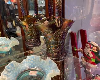 Curio Cabinet Filled with Fenton Carnival Glass Assorted Styles and Colors, Crystal Pitchers