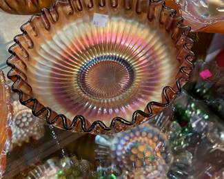 Curio Cabinet Filled with Fenton Carnival Glass Assorted Styles and Colors, Crystal Pitchers