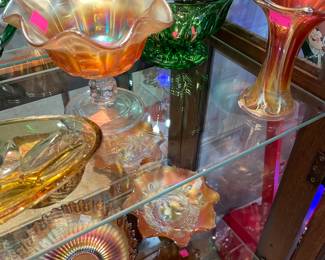 Curio Cabinet Filled with Fenton Carnival Glass Assorted Styles and Colors, Crystal Pitchers