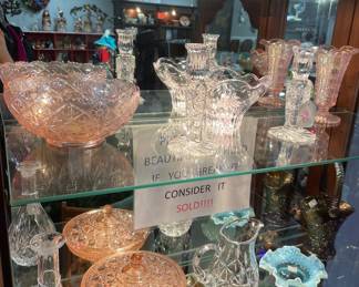 Curio Cabinet Filled with Fenton Carnival Glass Assorted Styles and Colors, Crystal Pitchers