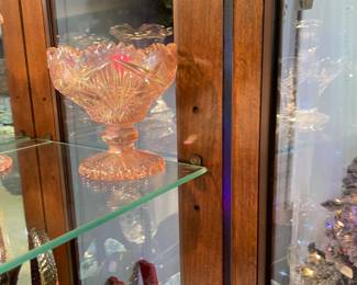 Curio Cabinet Filled with Fenton Carnival Glass Assorted Styles and Colors, Crystal Pitchers