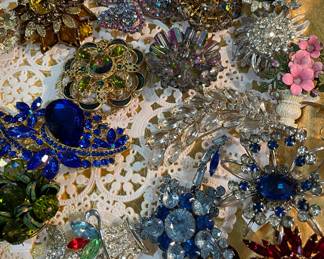 Assorted Broaches on Gold Tone Charger Plates