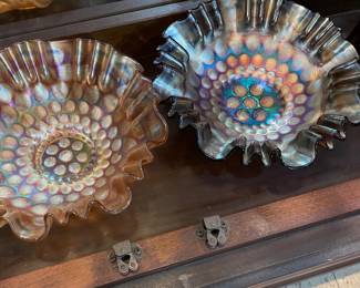 Curio Cabinet Filled with Fenton Carnival Glass Assorted Styles and Colors, Crystal Pitchers