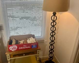 Vintage Hitchcock Furniture solid maple stenciled nightstand and iron stacked ring floor lamps