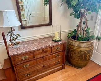 marble top dresser and vintage Chinese dragon jars/pots with realistic artificial tree