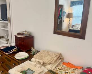 framed mirror, linens