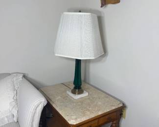 wood and marble end table and lamp