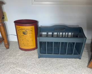 wooden magazine rack and trash can