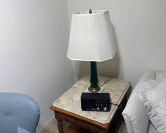 wood and marble end table and lamp