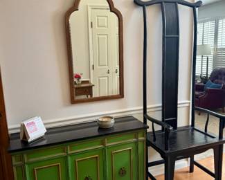 Vintage Hollywood Regency marble top emerald green credenza with gold accents