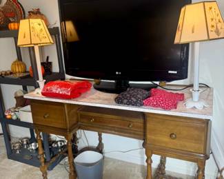 Vintage marble top desk, desk lamps, TV