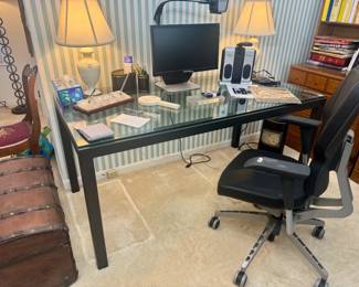 Room & Board “Parsons” steel and glass desk, chair and lamps