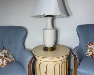 French provincial style round accent table with storage door and lamp