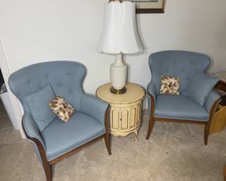 vintage wood-frame wingback chairs