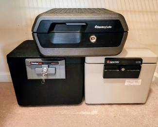 Great set of fireproof lock boxes, all in working condition. Includes two SentrySafe units and one Sentry model 1170. Perfect for securing documents, jewelry, passports, and valuables.