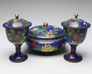 Pair Chinese Cloisonné Enamel Pedestal Jars and Covered Bowl, 20th Century