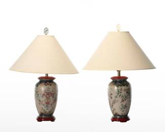 Chinese Hand-Painted Ceramic Table Lamps with Cotton Coolie Shades