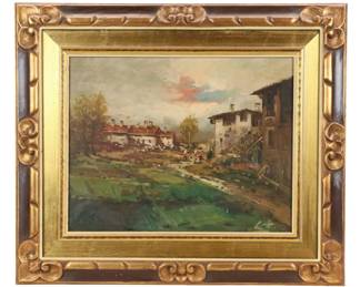 Impressionistic Style Oil Painting of Rural Town Scene, 20th Century