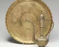 Mughal Indian Chased Brass Aftaba Pitcher and Turkish Brass Wall Tray