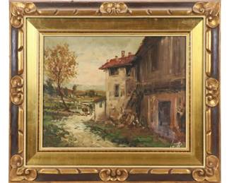 Impressionistic Oil Painting of Farmhouse Scene with Figures, 20th Century