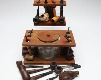 lcon Radiator Pipe, and Burl, Meerschaum, Corncob Pipes with Stands
