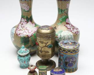 Pair of Zi Jin Cheng Chinese Cloisonné Enamel Vases with More Boxes and Jars