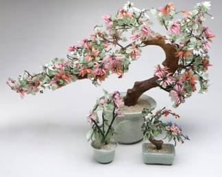 Chinese Glass and Gemstone Bonsai Trees in Celadon Pots