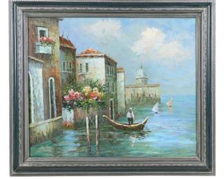 Impasto Oil Painting of Mediterranean Seaside Scene with Gondola