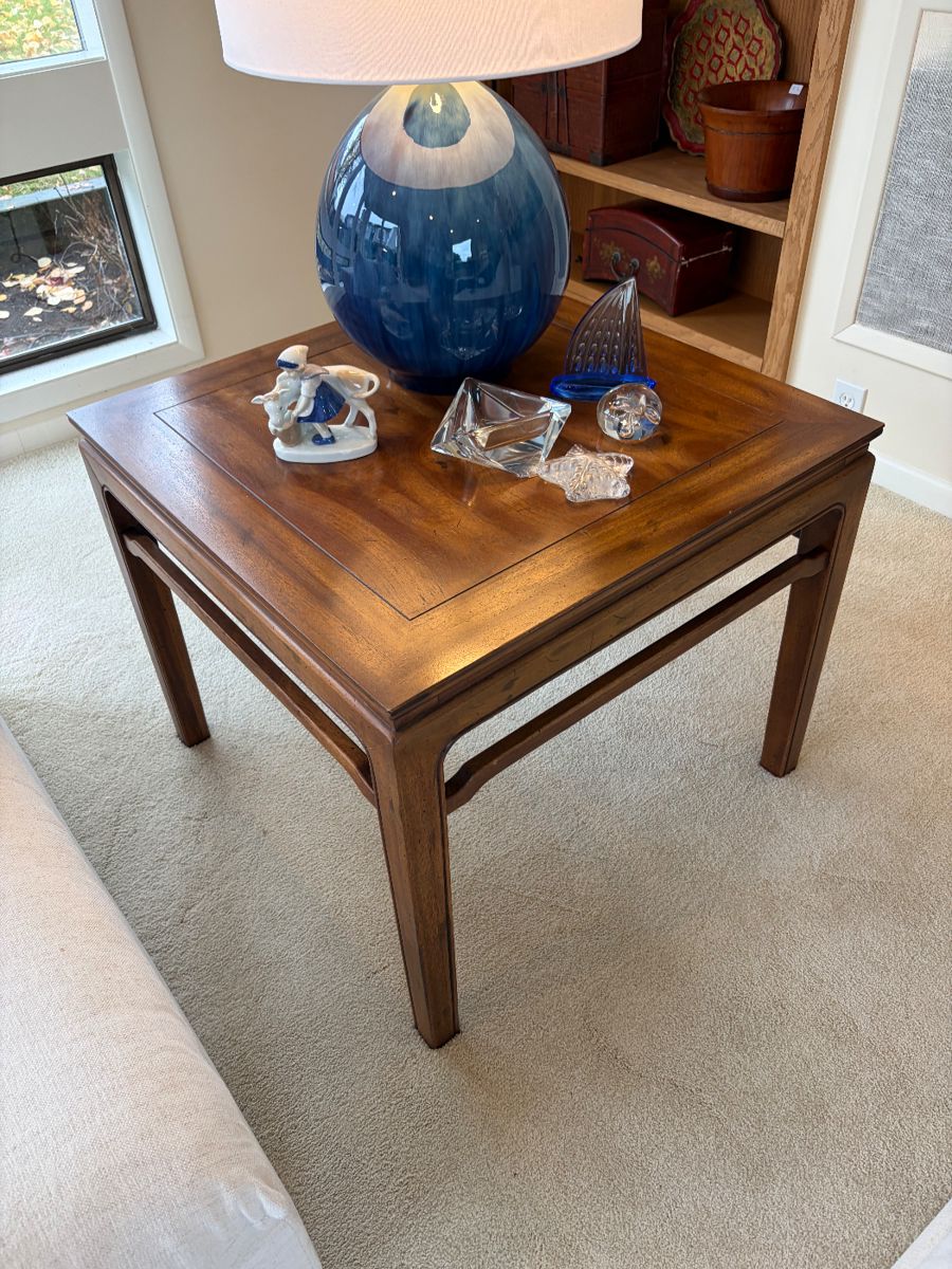 $140 wood side table 26” sq. X 21.5”h. Available for online and in person purchase. 