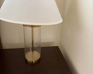 $60 one of a pair of glass and brass table lamps. 26”h 16” dia shade. Available for online and in person purchase. 