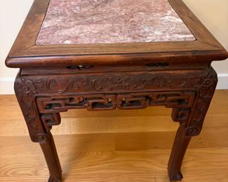 $220 Antique carved rosewood and marble top table. (As found) 16” sq. X 19”h. Available for online and in person purchase.