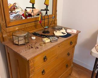 $240 Eastlake style marble top dresser with mirror. 39”w x 19”d x 34” h to marble top 75” high to top of the mirror. Available for online and in person purchase 